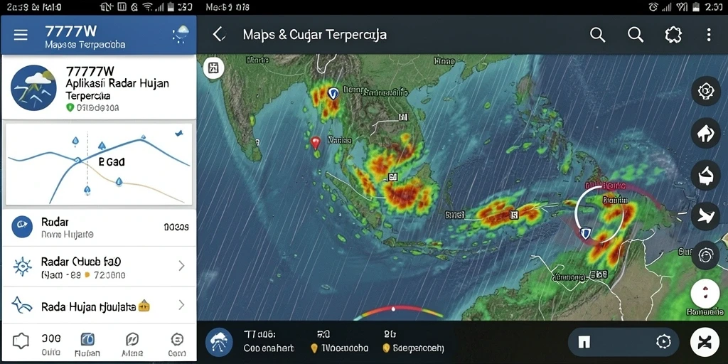 Antarmuka aplikasi 7777W menampilkan radar hujan secara real-time.