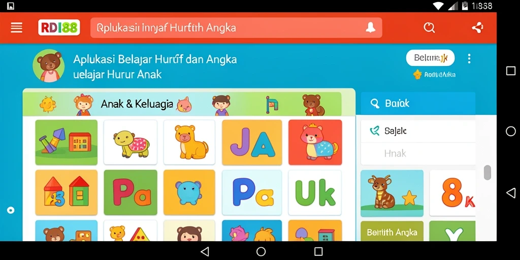 Tampilan antarmuka interaktif aplikasi RDI88 untuk belajar huruf dan angka.